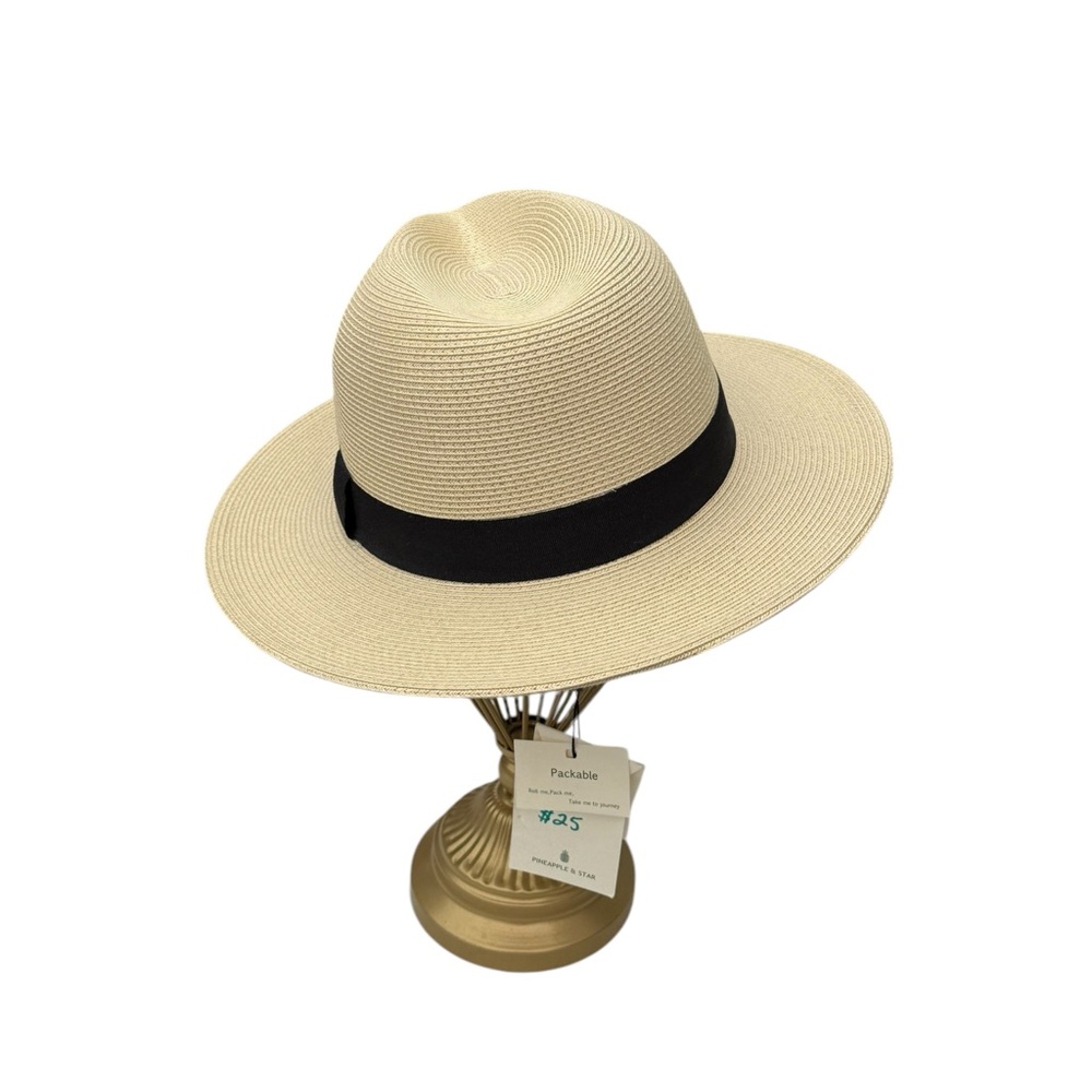 Straw Fedora Hat Tan Wide Brim Summer Beach Sun Hat Classic Panama Style - Picture 2 of 4